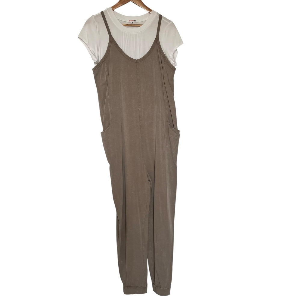 Sundry Tan Acid Wash Baggy Lounge Jumpsuit With White Short Sleeve Tee Shirt S